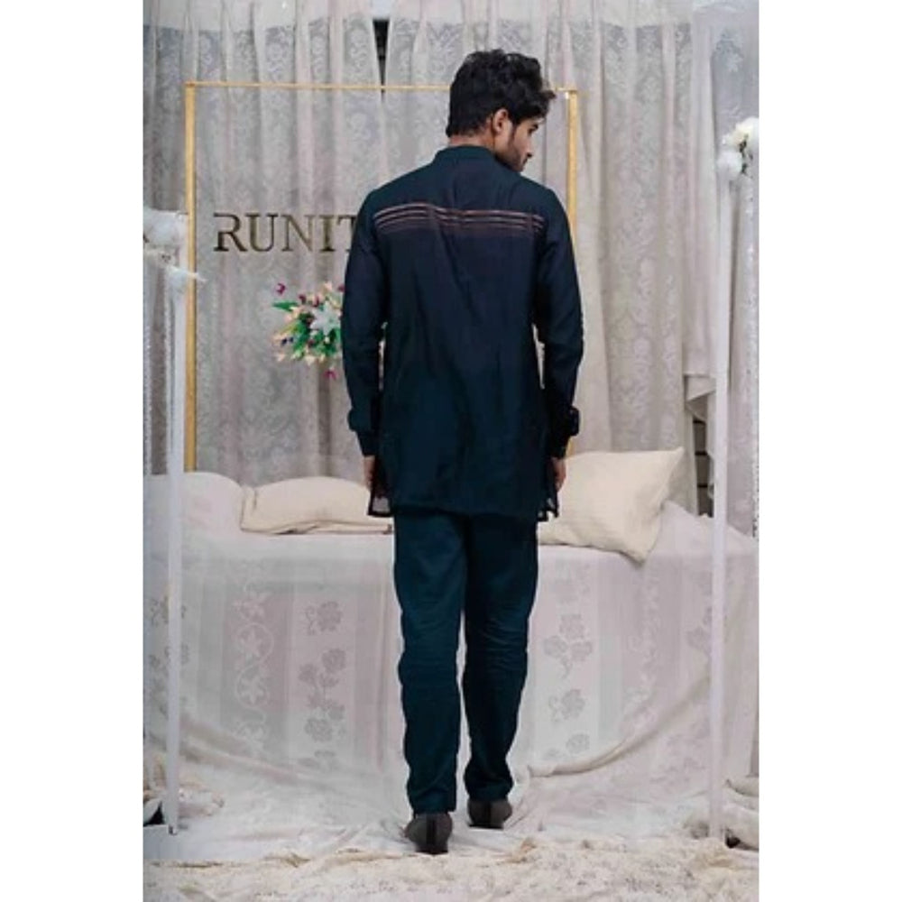 Runit Gupta Navy Blue Pulled Thread Work Shirt Kurta with Pyjama (Set of 2)