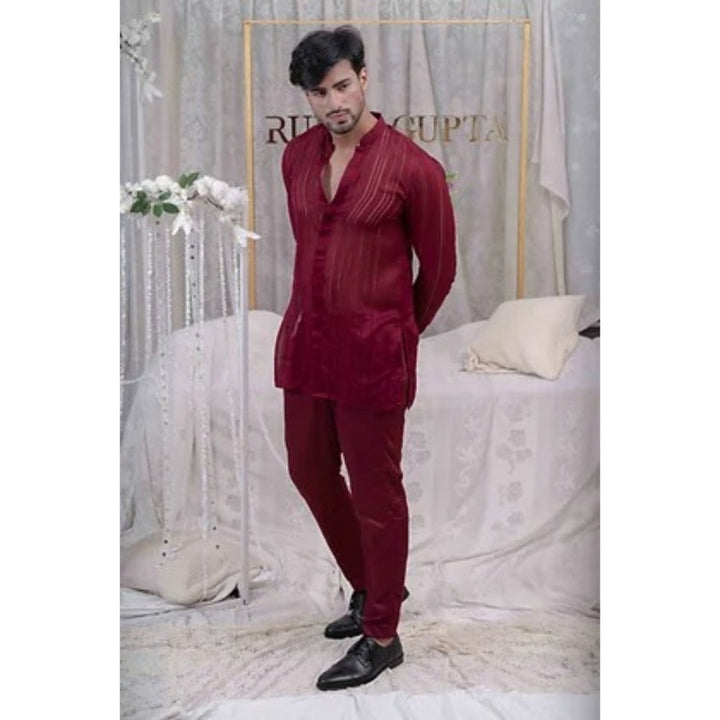 Runit Gupta Maroon Pulled Thread Work Shirt Kurta with Pyjama (Set of 2)