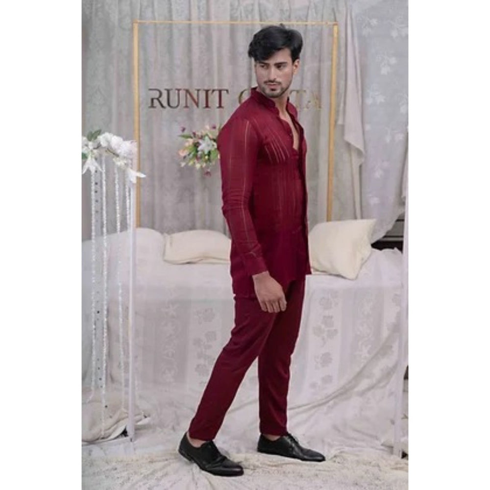 Runit Gupta Maroon Pulled Thread Work Shirt Kurta with Pyjama (Set of 2)
