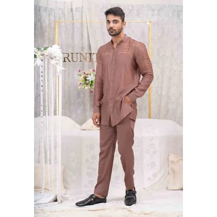 Runit Gupta Dusty Tan Pulled Thread Work Shirt Kurta with Pyjama (Set of 2)