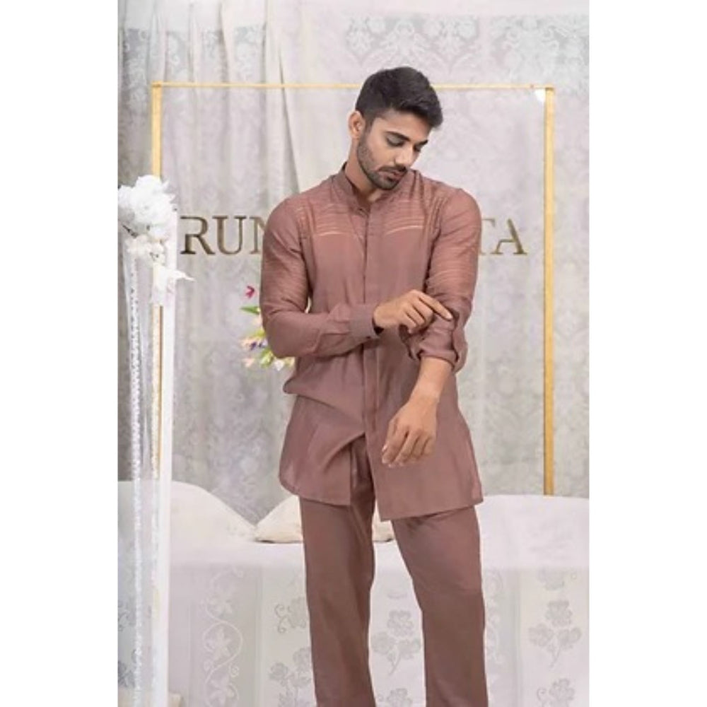 Runit Gupta Dusty Tan Pulled Thread Work Shirt Kurta with Pyjama (Set of 2)
