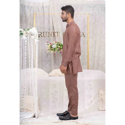 Runit Gupta Dusty Tan Pulled Thread Work Shirt Kurta with Pyjama (Set of 2)