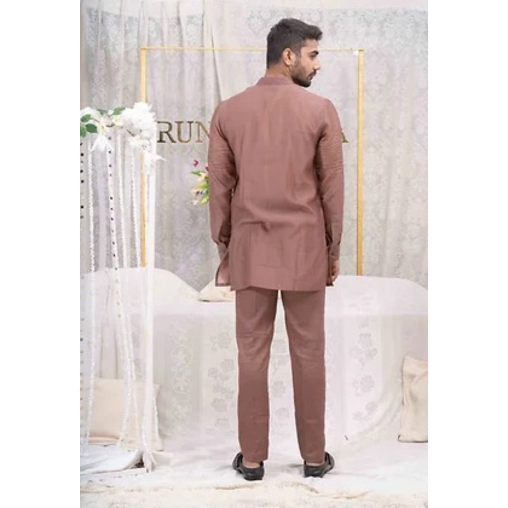 Runit Gupta Dusty Tan Pulled Thread Work Shirt Kurta with Pyjama (Set of 2)