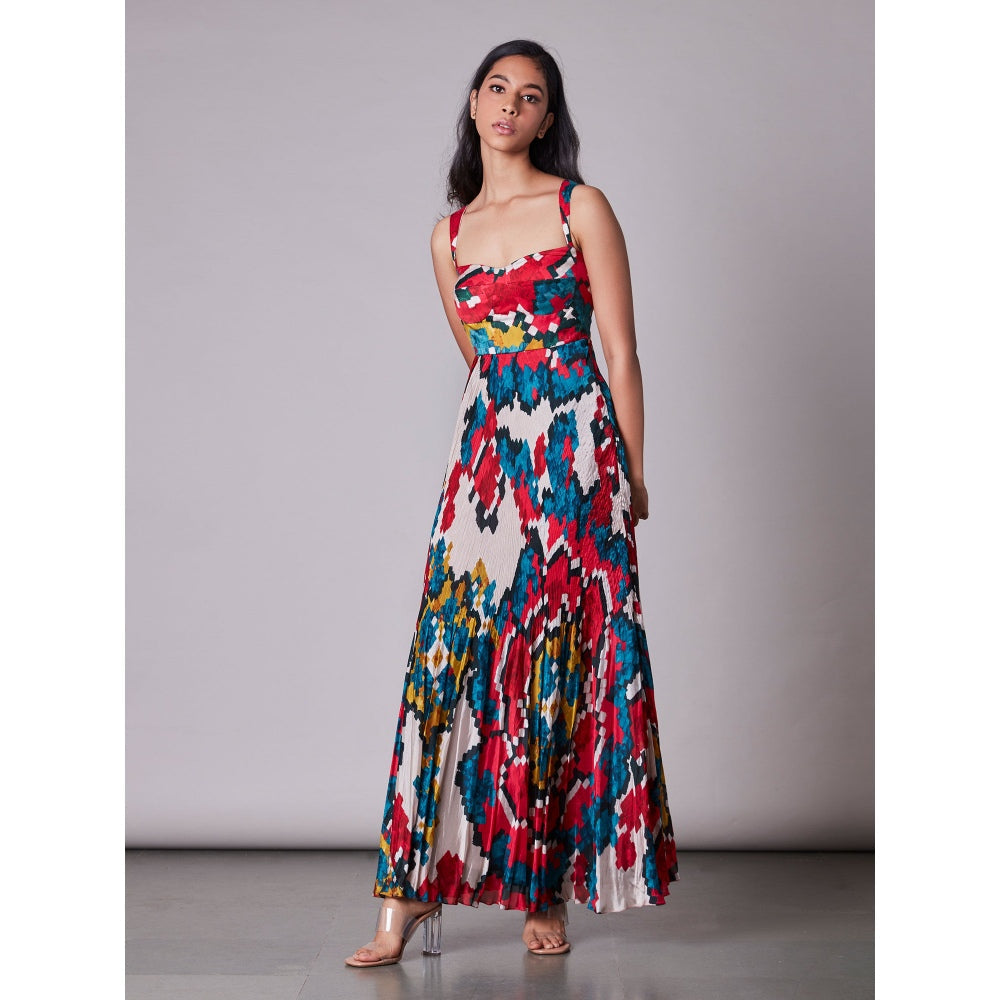 Saaksha and Kinni Ikat Print Part Hand Micro Pleated Maxi Dress