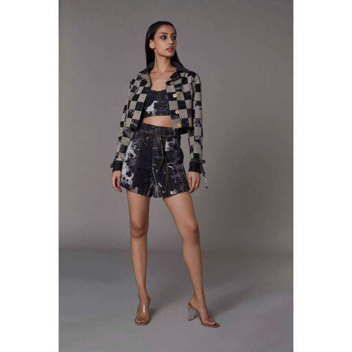 Saaksha and Kinni Black & Stone Marble Checkered Crop Jacket, Bustier & Shorts
