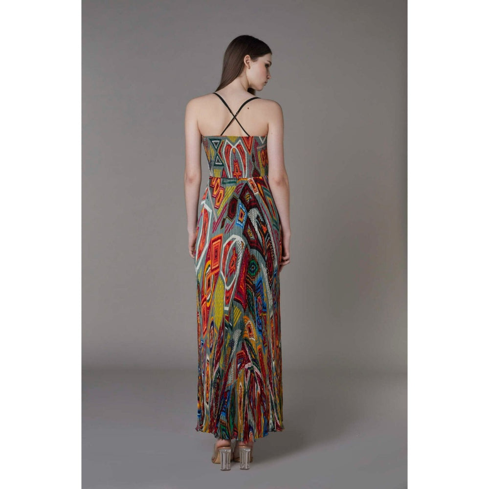 Saaksha and Kinni Multi Chiffon Mirco Pleated Abstract Maxi Dress