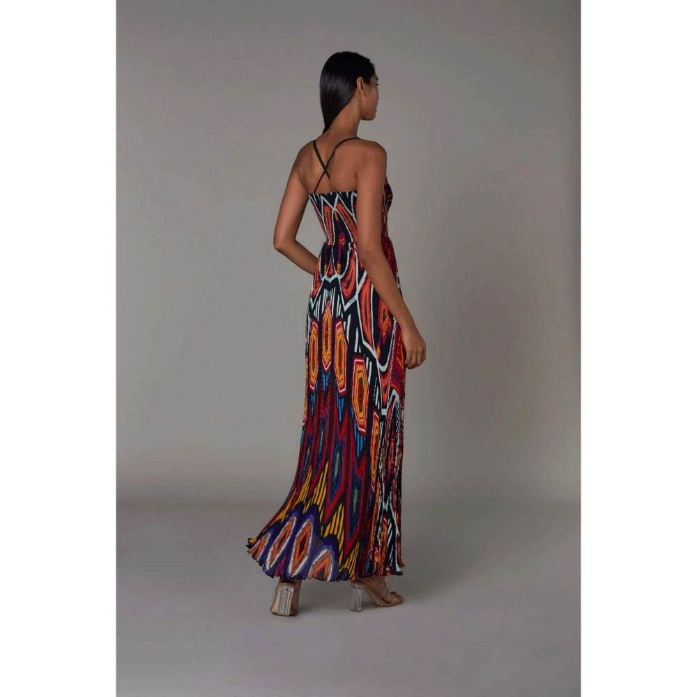 Saaksha and Kinni Hand Micro Pleated Abstract Print Asymmetric Maxi Dress