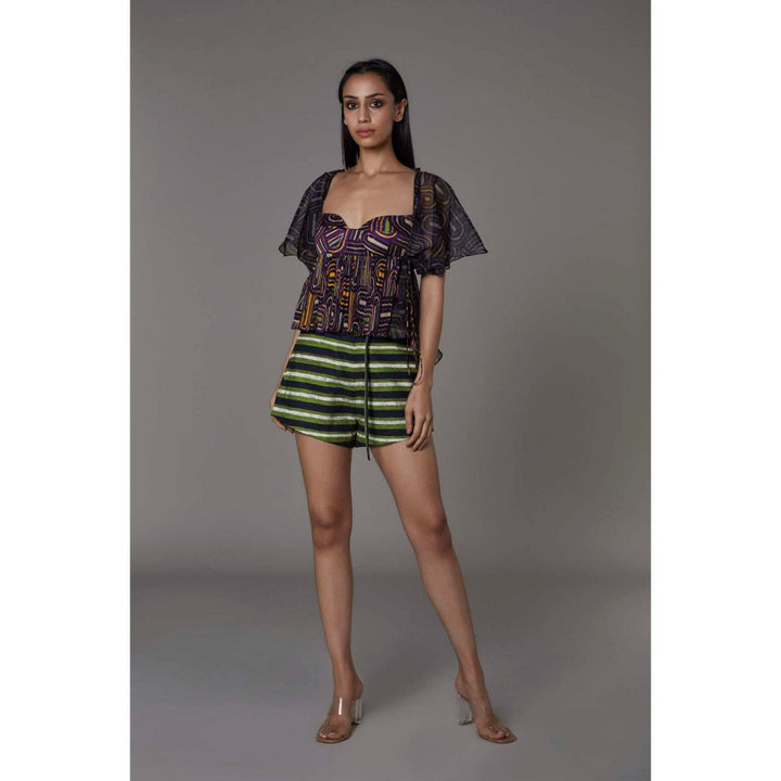 Saaksha and Kinni Purple Green & Black Blouse & Shorts