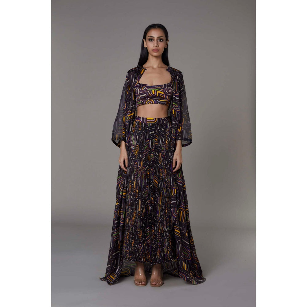 Saaksha and Kinni Semi Circle Print Kaftan Style Cape, Bustier & Skirt