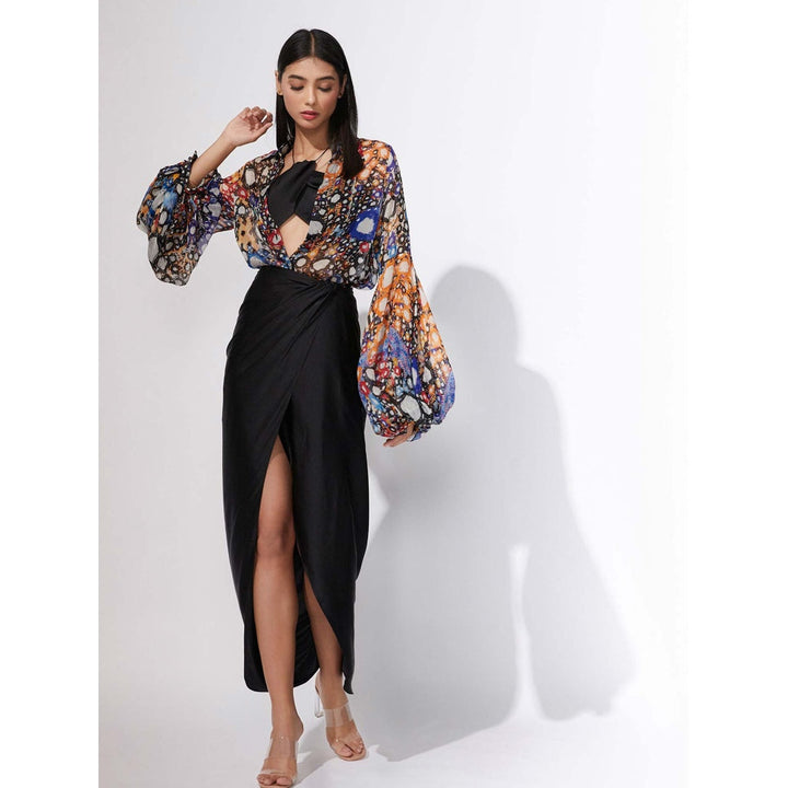 Saaksha and Kinni Multi & Black Pleated Blouse with Pencil Skirt & Bralette