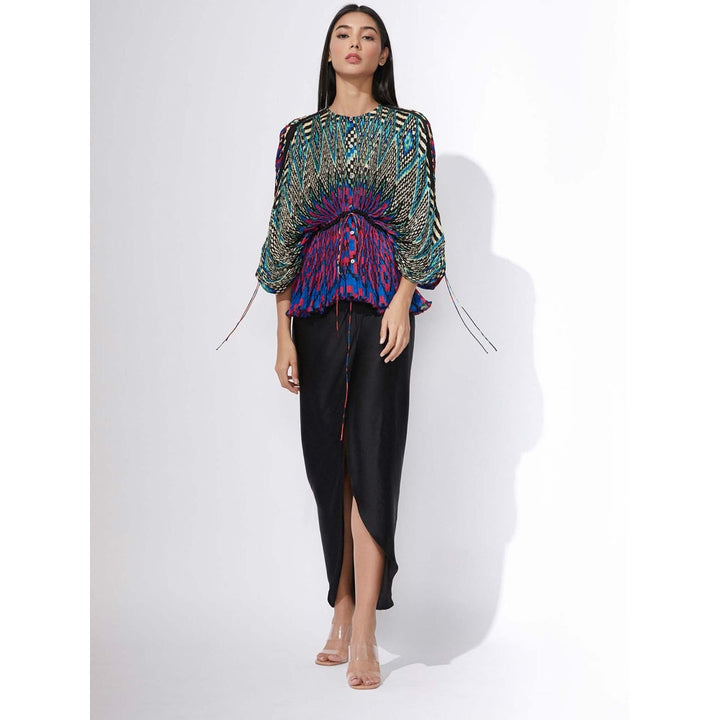 Saaksha and Kinni Abstract Green & Multi Kaftan Style Blouse with Pencil Skirt