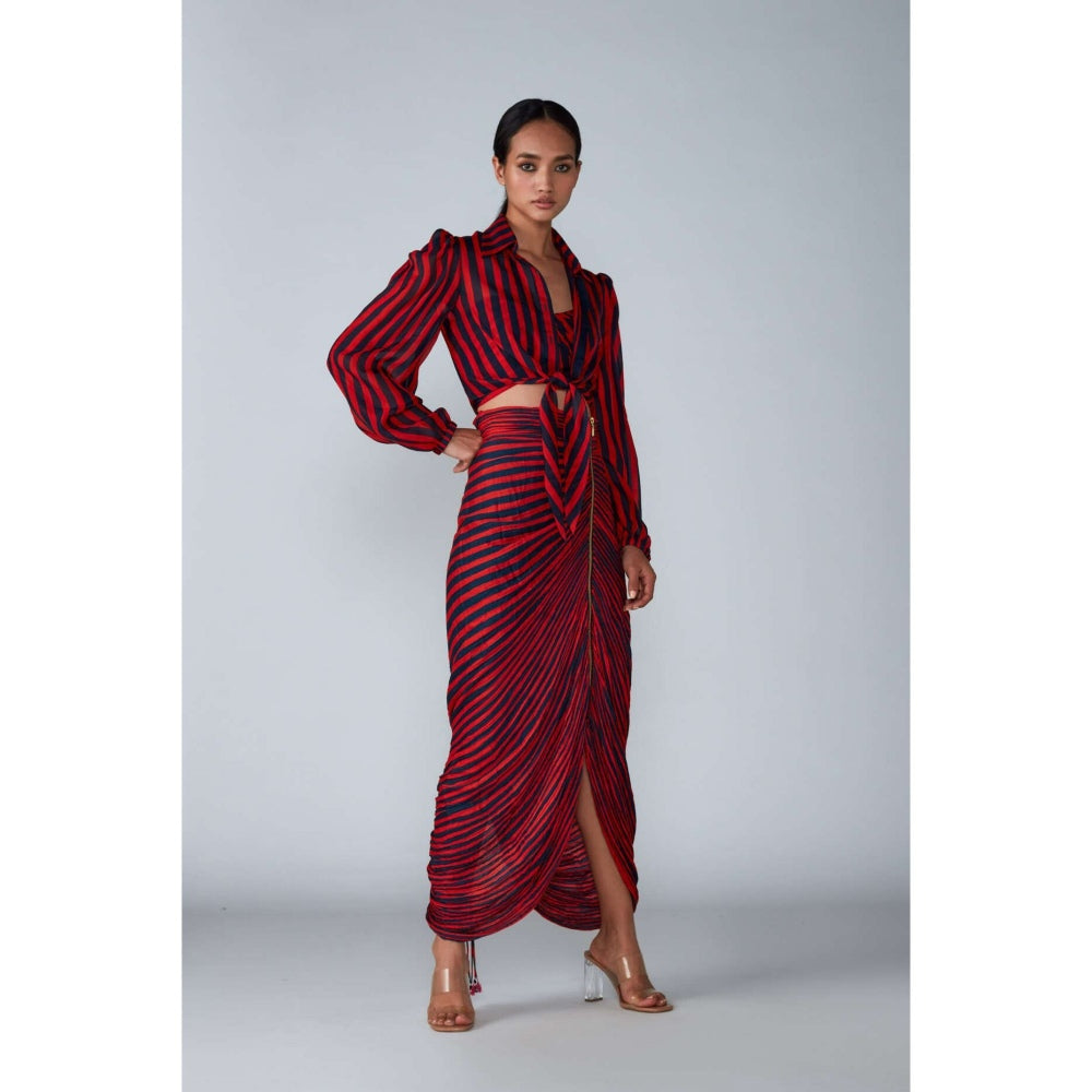 Saaksha and Kinni Stripe Print Tie Blouse Stripe Print Hand Micro Pleated Skirt