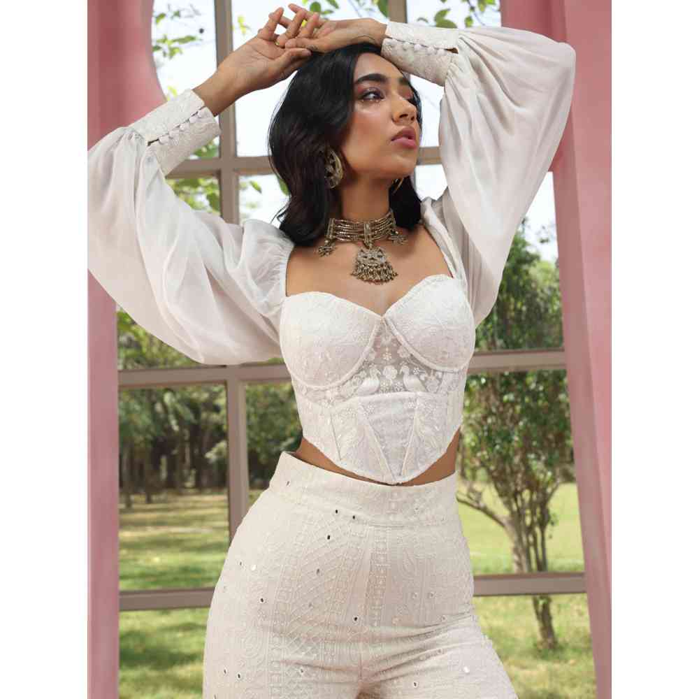 Saanjh by Lea Ruhiya White Embroidered Georgette Corset Blouse