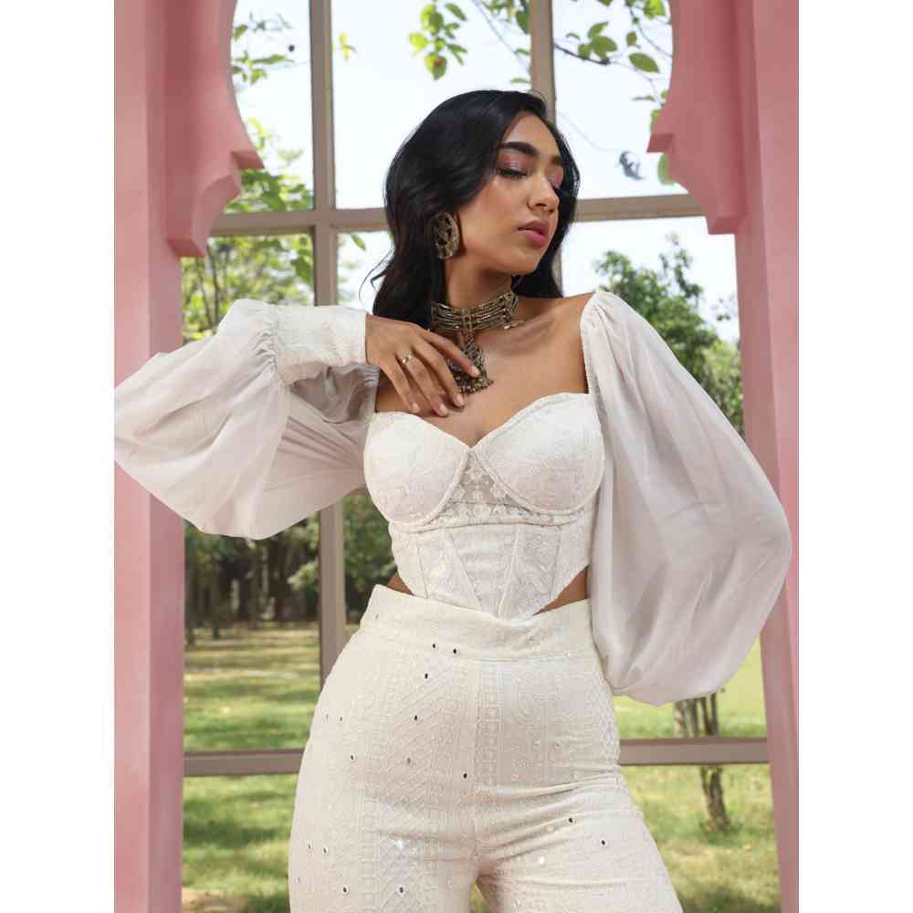Saanjh by Lea Ruhiya White Embroidered Georgette Corset Blouse