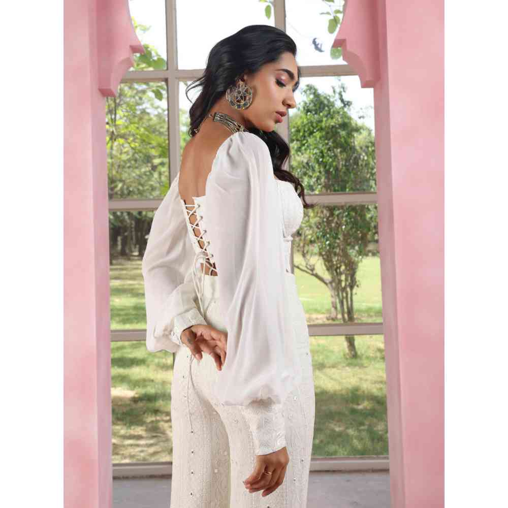 Saanjh by Lea Ruhiya White Embroidered Georgette Corset Blouse