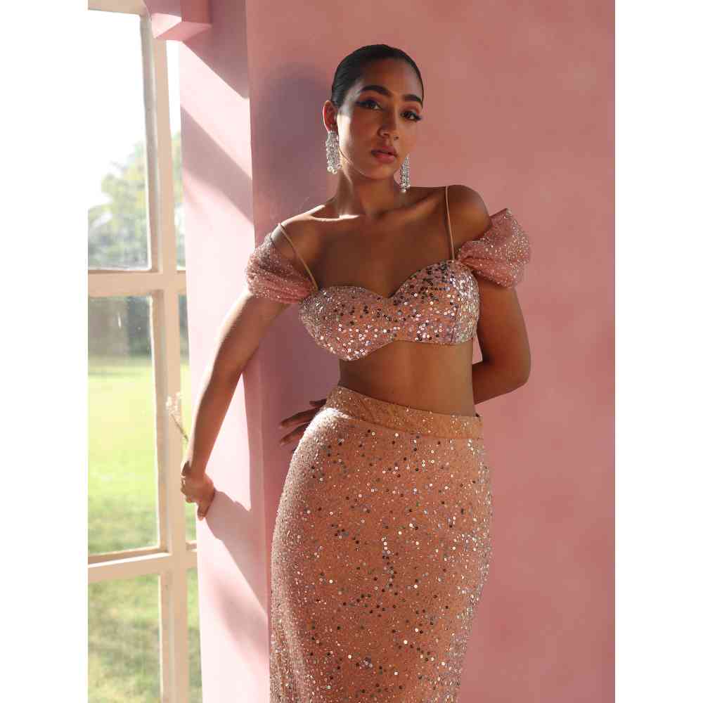 Saanjh by Lea Tazmeen And Shazana Hand Embellished Ombre Lehenga Set (Set of 2)