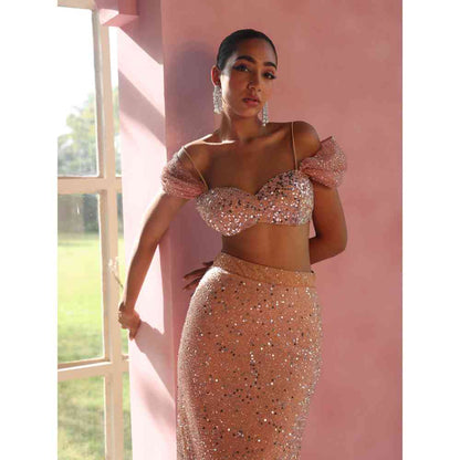 Saanjh by Lea Tazmeen And Shazana Hand Embellished Ombre Lehenga Set (Set of 2)