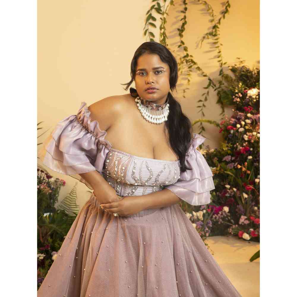 Saanjh by Lea Nysa Mauve Pearl Tulle Lehenga Skirt