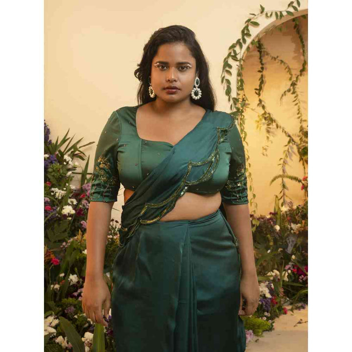Saanjh by Lea Iniya Emerald Satin Pre-Stitched Saree