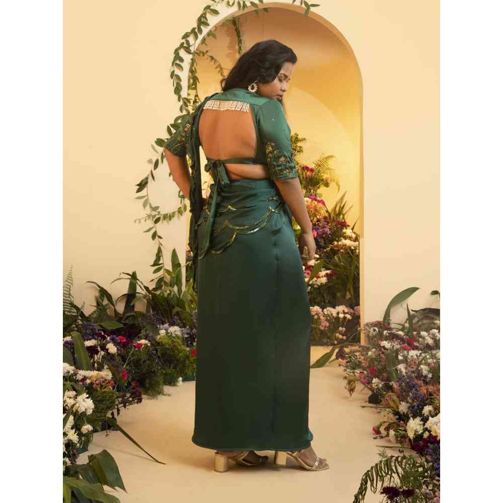 Saanjh by Lea Iniya Emerald Satin Pre-Stitched Saree