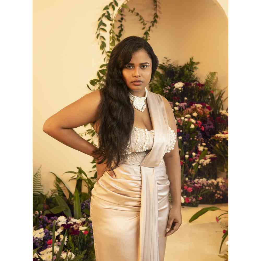 Saanjh by Lea Aalia Champagne Wrap Pre-Stitched Saree