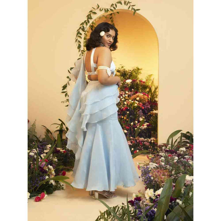 Saanjh by Lea Aasira Baby Blue Ruffle Organza Pre-Stiched Saree