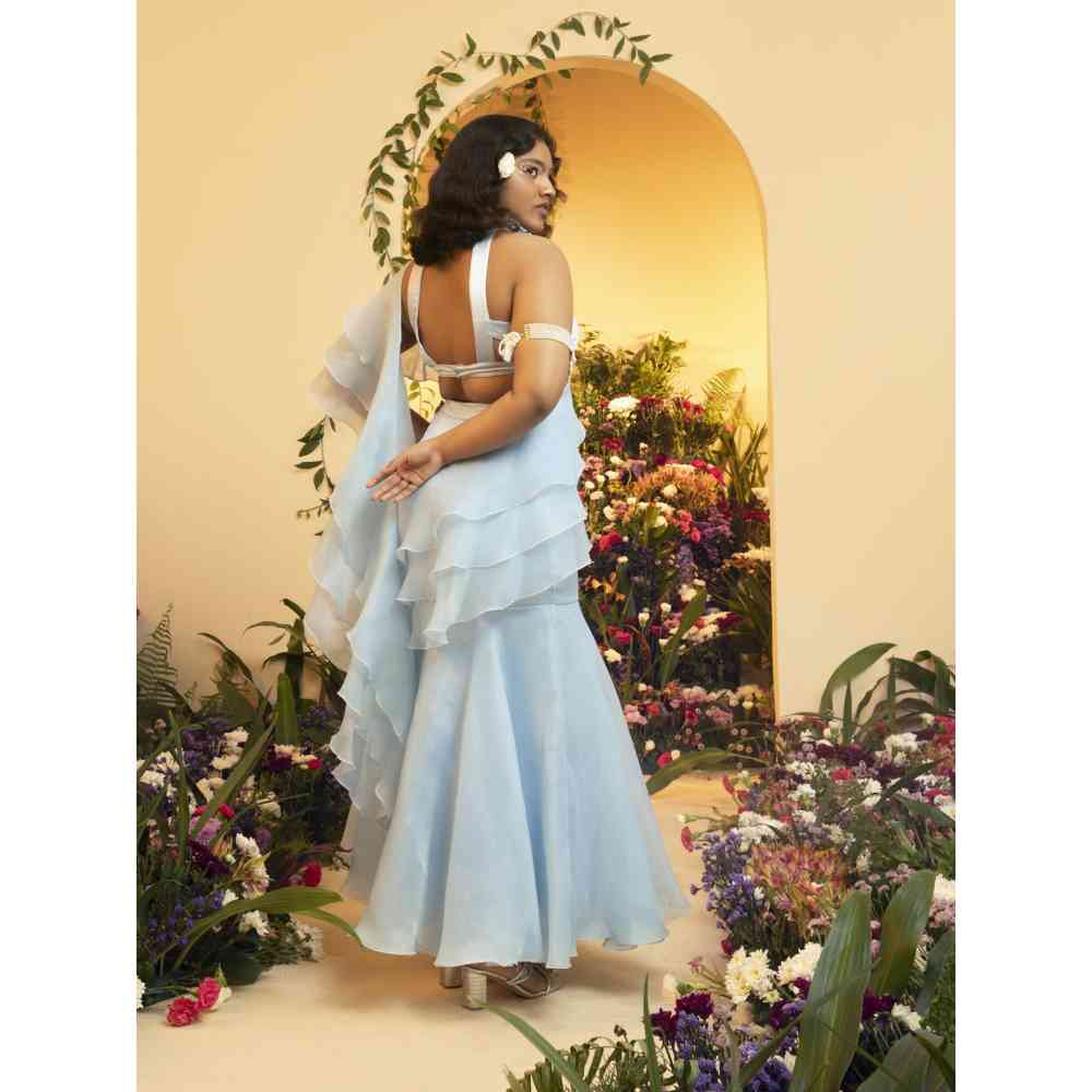 Saanjh by Lea Aasira Baby Blue Ruffle Organza Pre-Stiched Saree
