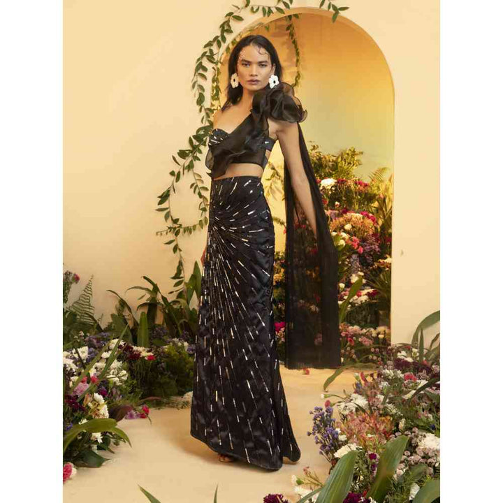 Saanjh by Lea Mayra Black Hand Embroidered Saree Gown