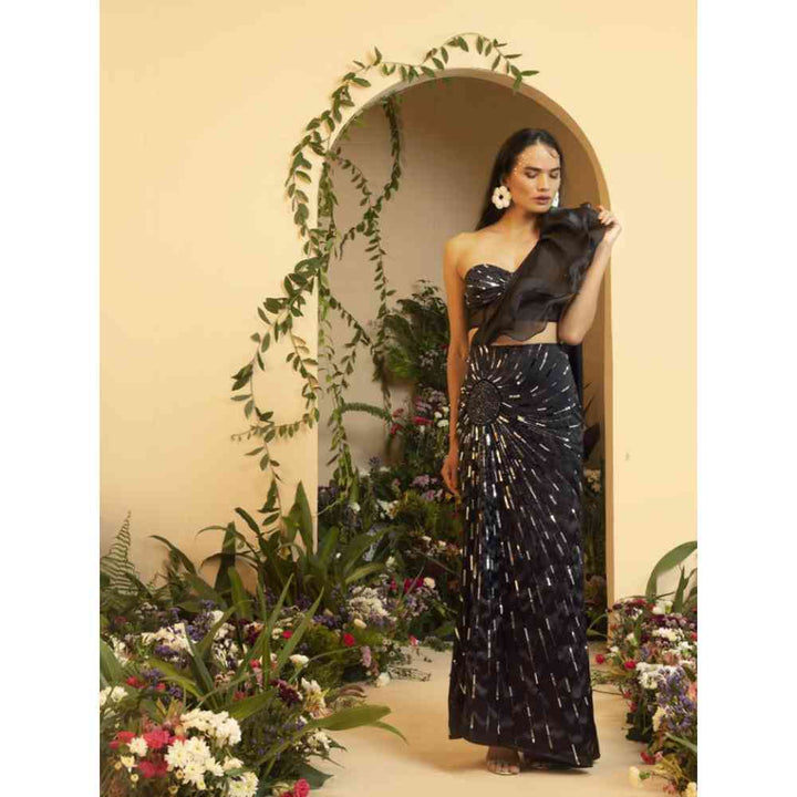Saanjh by Lea Mayra Black Hand Embroidered Saree Gown