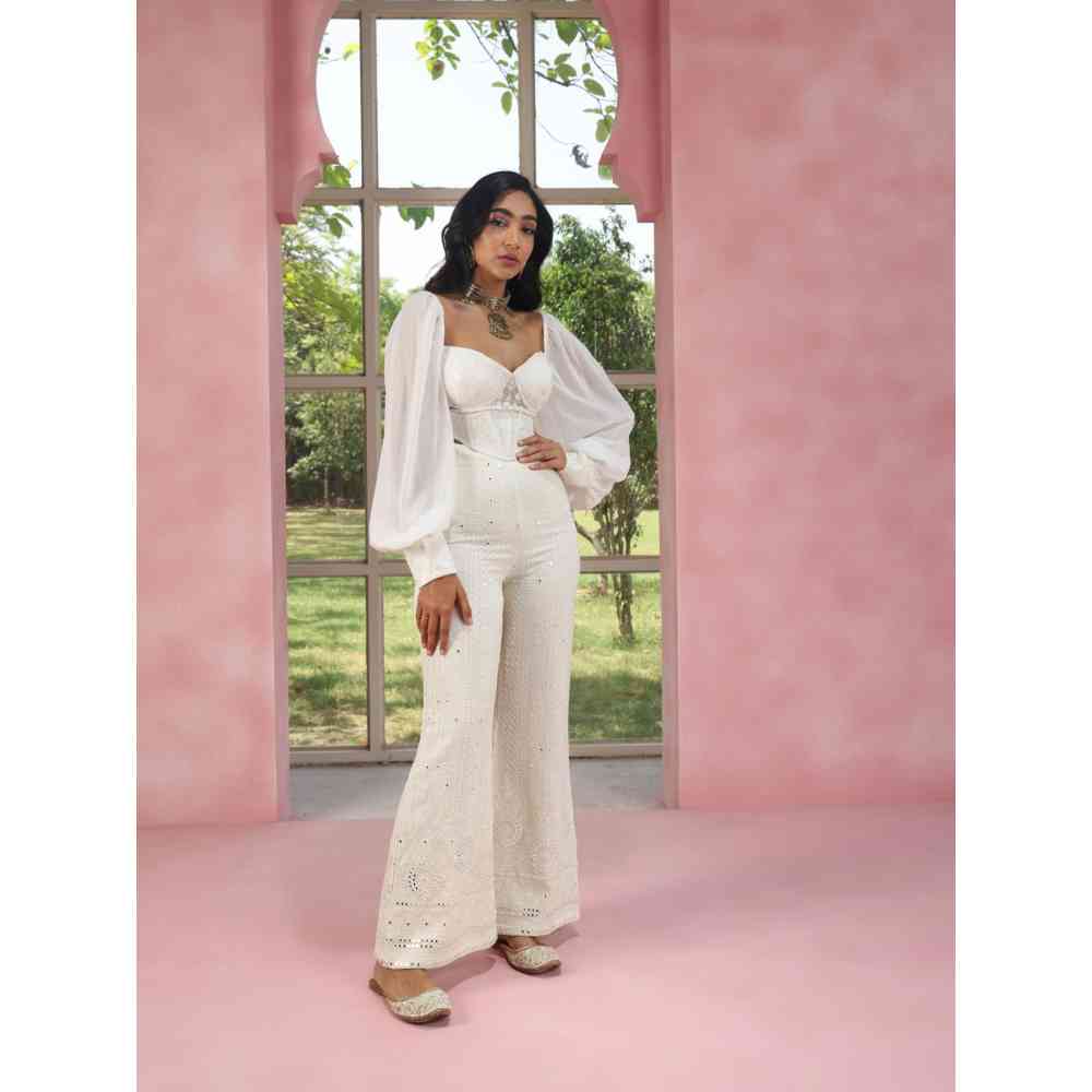 Saanjh by Lea Faeeza White Embroidered Georgette Wide Leg Pants