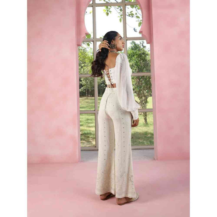 Saanjh by Lea Faeeza White Embroidered Georgette Wide Leg Pants