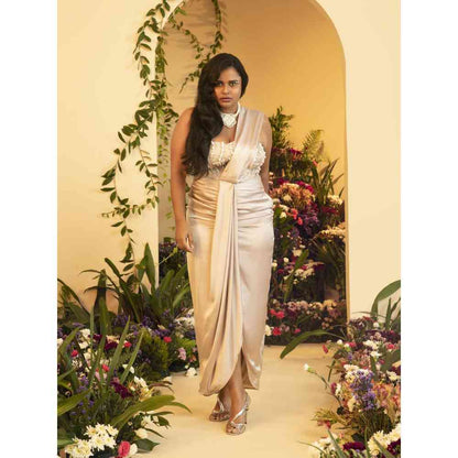 Saanjh by Lea Leila Champagne Hand Embroidered Corset Without Sleeves