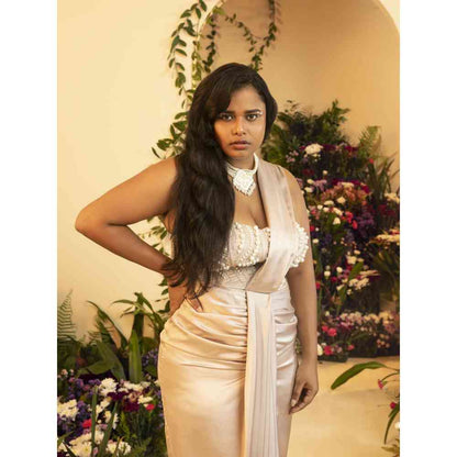 Saanjh by Lea Leila Champagne Hand Embroidered Corset Without Sleeves