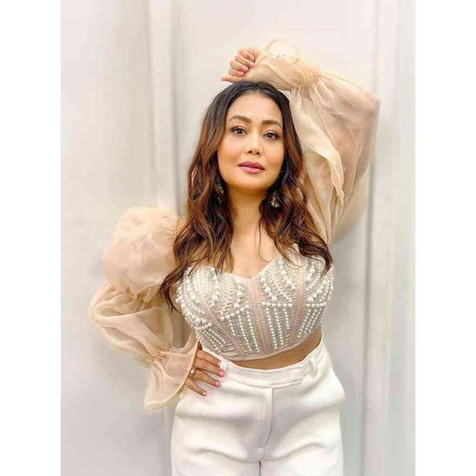 Saanjh by Lea Leila Champagne Hand Embroidered Corset With Organza Puff Sleeves