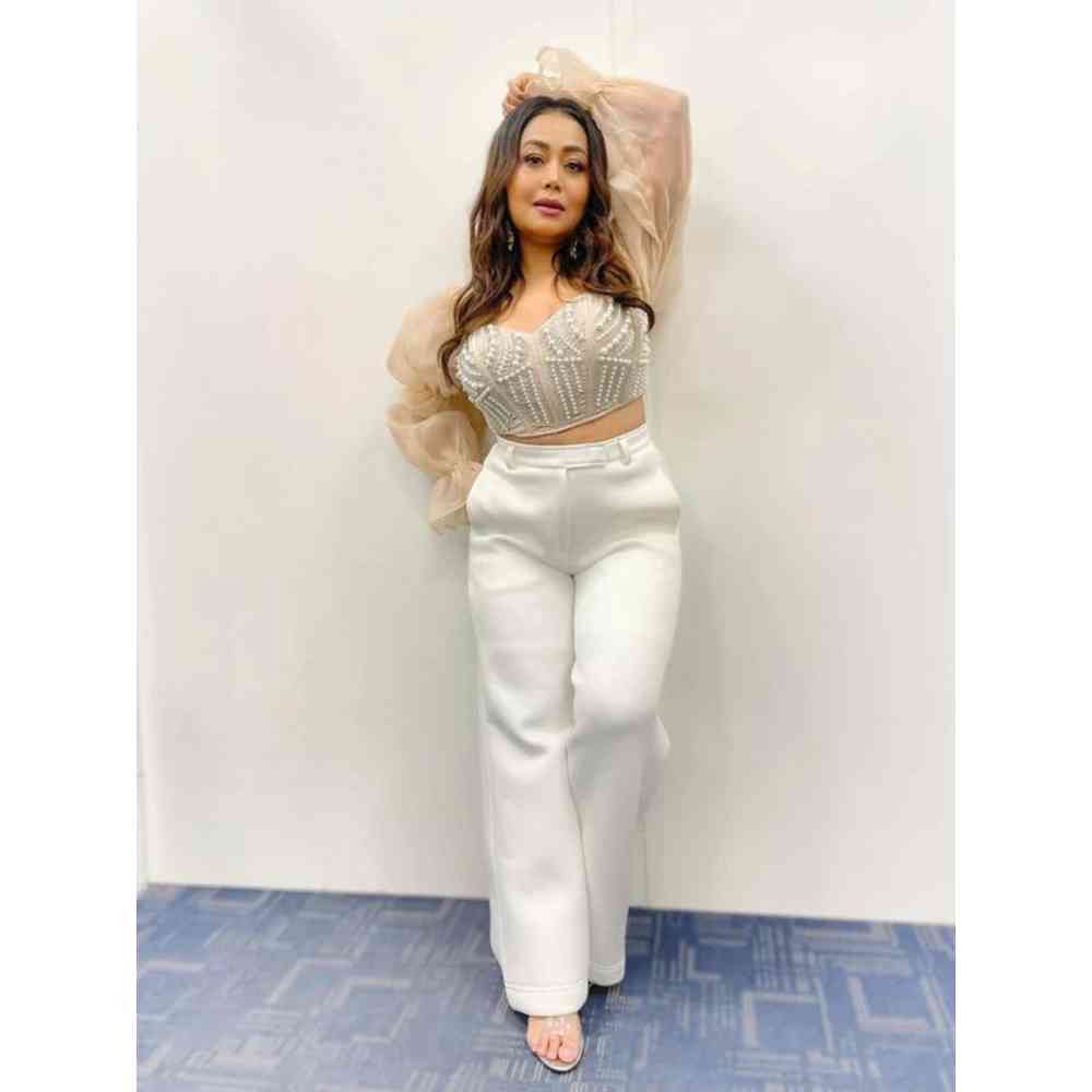 Saanjh by Lea Leila Champagne Hand Embroidered Corset With Organza Puff Sleeves