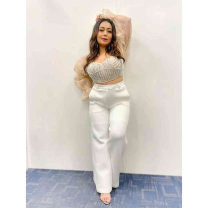 Saanjh by Lea Leila Champagne Hand Embroidered Corset With Organza Puff Sleeves