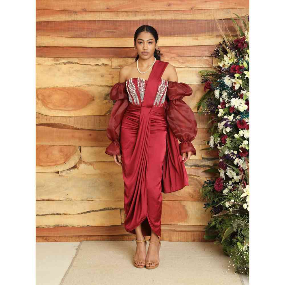 Saanjh by Lea Leila Burgundy Hand Embroidered Corset With Organza Puff Sleeves