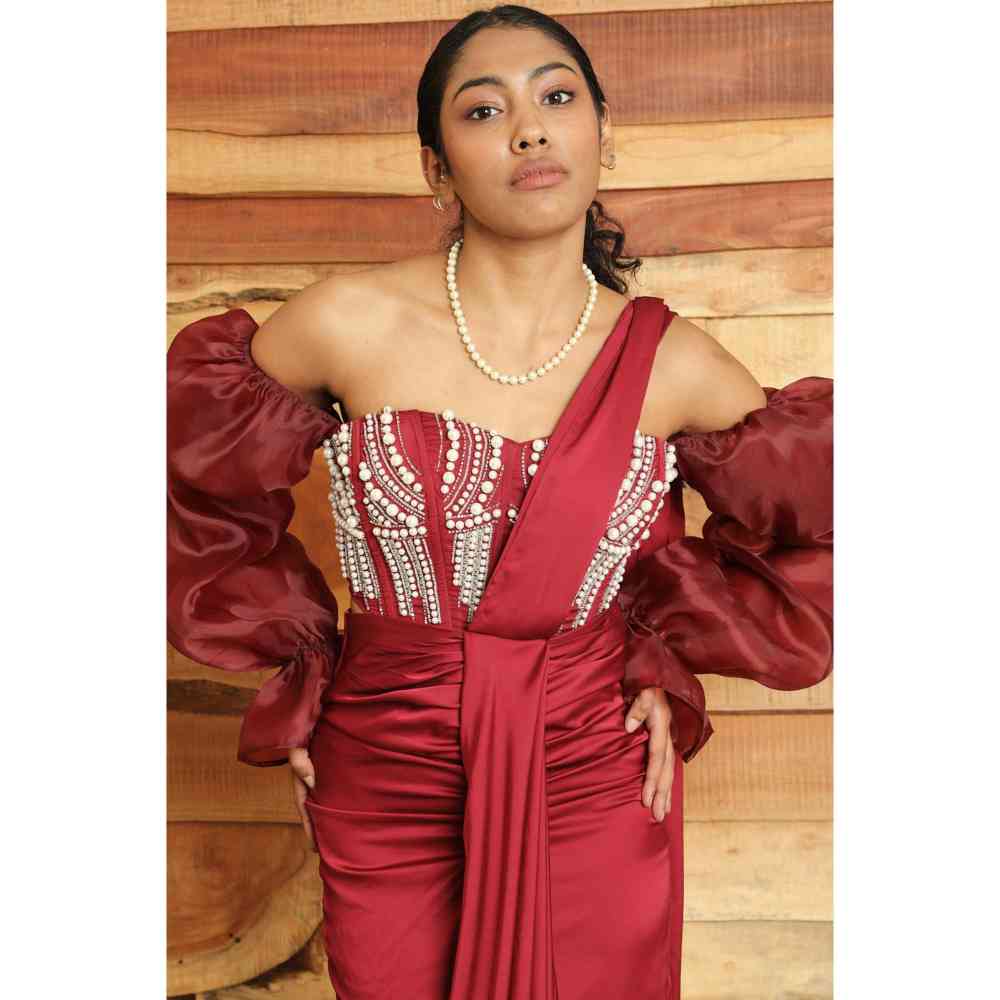 Saanjh by Lea Leila Burgundy Hand Embroidered Corset With Organza Puff Sleeves
