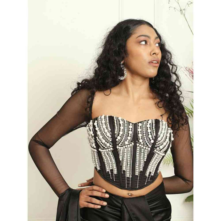 Saanjh by Lea Leila Black Hand Embroidered Corset With Mesh Sleeves