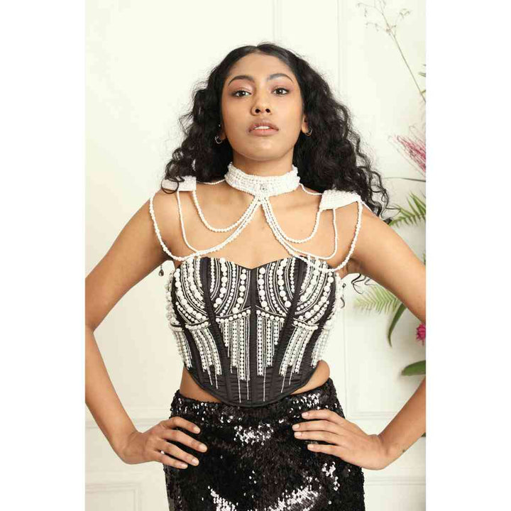 Saanjh by Lea Leila Black Hand Embroidered Corset Without Sleeves