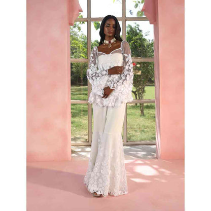 Saanjh by Lea Aasiyah And Allami White 3-D Floral Sharara Set (Set of 2)