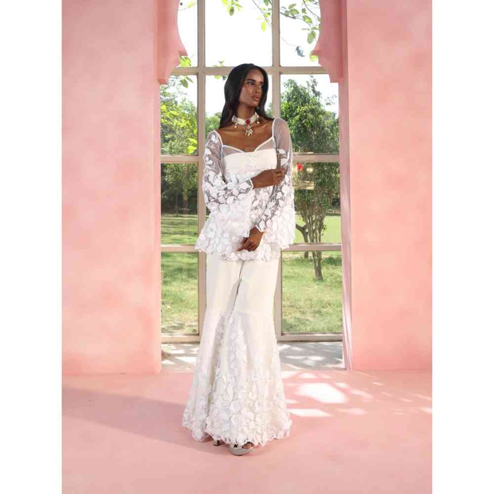 Saanjh by Lea Aasiyah And Allami White 3-D Floral Sharara Set (Set of 2)