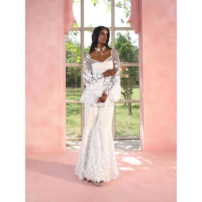 Saanjh by Lea Aasiyah And Allami White 3-D Floral Sharara Set (Set of 2)