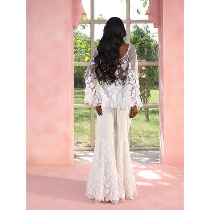 Saanjh by Lea Aasiyah And Allami White 3-D Floral Sharara Set (Set of 2)