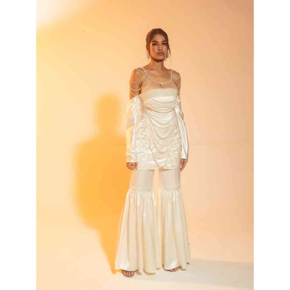 Saanjh by Lea Nadira White Pearl Hand Embroidered Sharara with Kurta (Set of 2)