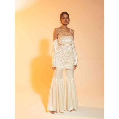 Saanjh by Lea Nadira White Pearl Hand Embroidered Sharara with Kurta (Set of 2)