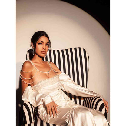 Saanjh by Lea Nadira White Pearl Hand Embroidered Sharara with Kurta (Set of 2)