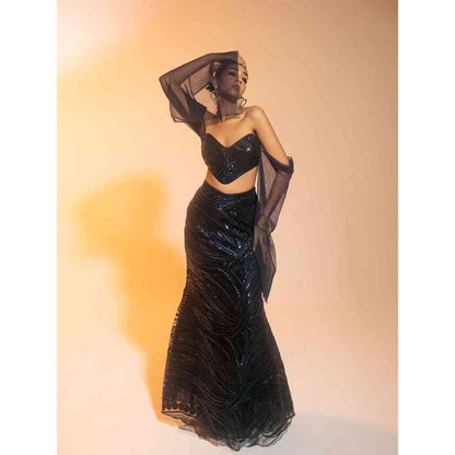 Saanjh by Lea Netra Sapphire Embroidered Mermaid Lehenga with Blouse (Set of 2)