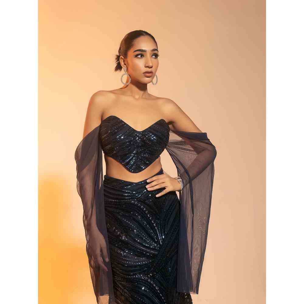 Saanjh by Lea Netra Sapphire Embroidered Mermaid Lehenga with Blouse (Set of 2)