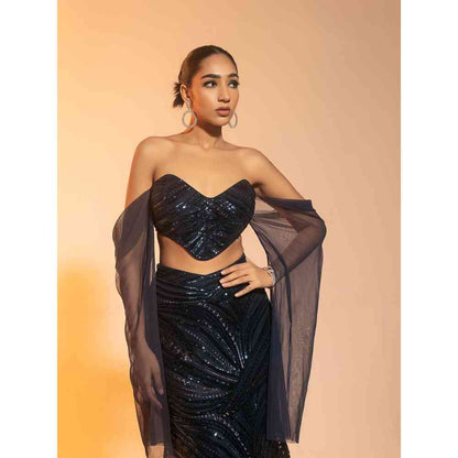 Saanjh by Lea Netra Sapphire Embroidered Mermaid Lehenga with Blouse (Set of 2)